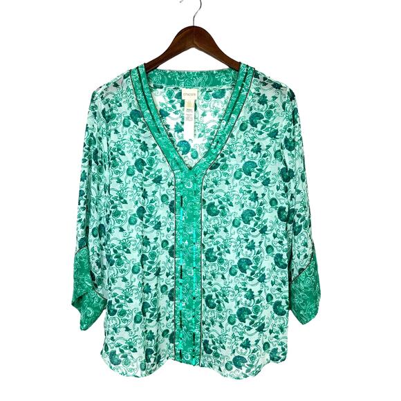 Chico's Sz 0 Congo Floral Tunic Green Print Sheer Embellished V-neck Blouse - Picture 5 of 13